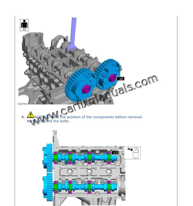 Specialized engine teardown data for the Ford Fiesta Mk7 (2017-2020), documenting timing belt synchronization for the 1.0L EcoBoost Fox engine and 1.1L Ti-VCT Duratec maintenance in PDF format.