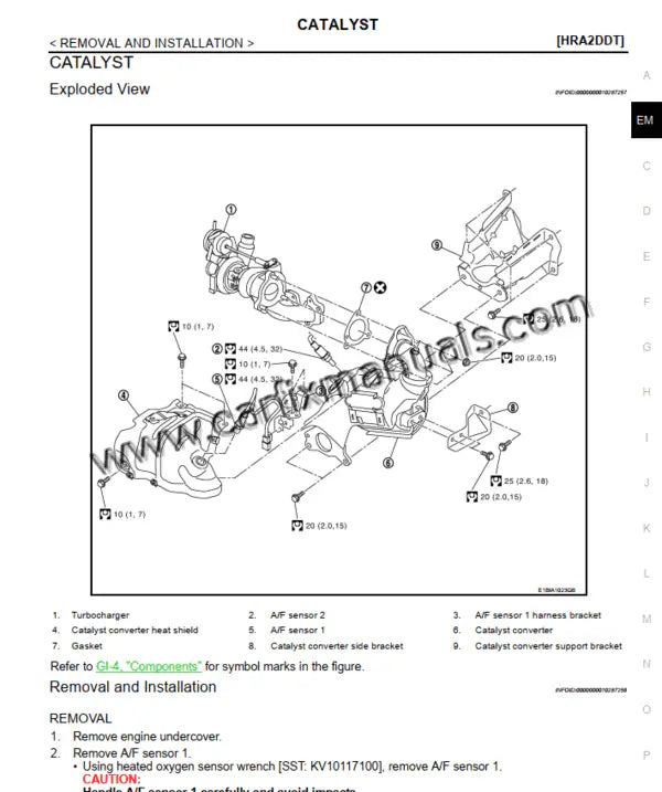 Specialized engine overhaul data for the Nissan Qashqai J11 (2014-2018), featuring timing chain procedures and turbocharger service for the 1.2L DIG-T and 1.6L dCi powerplants in a searchable PDF format.