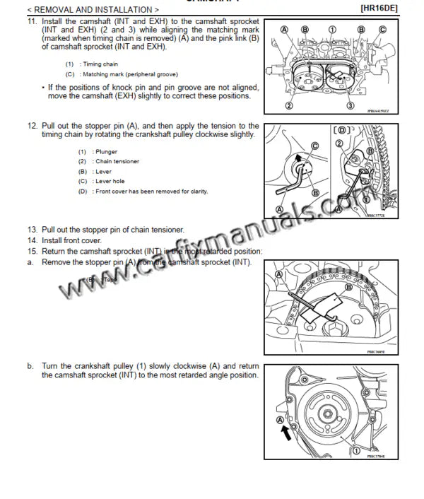 Factory engine service diagrams for the Nissan Versa N17, detailing internal mechanical repairs and valve adjustments for the HR16DE and MR18DE powertrain variants.
