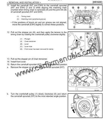 Factory engine service diagrams for the Nissan Versa N17, detailing internal mechanical repairs and valve adjustments for the HR16DE and MR18DE powertrain variants.