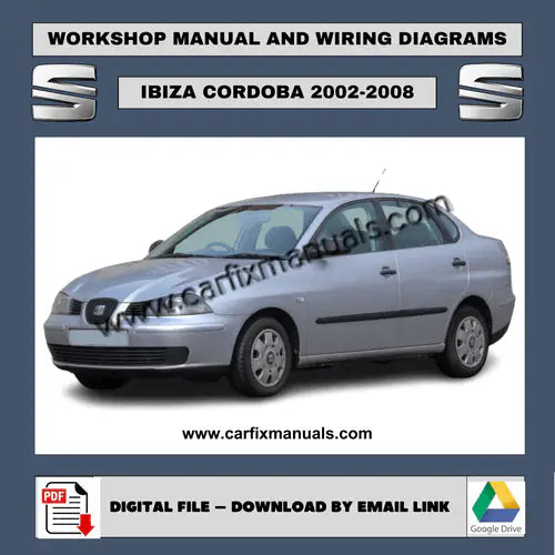 Cover of the Seat Ibiza and Cordoba 2002-2008 all-in-one PDF service manual, including comprehensive engine, electrical, and body repair procedures.