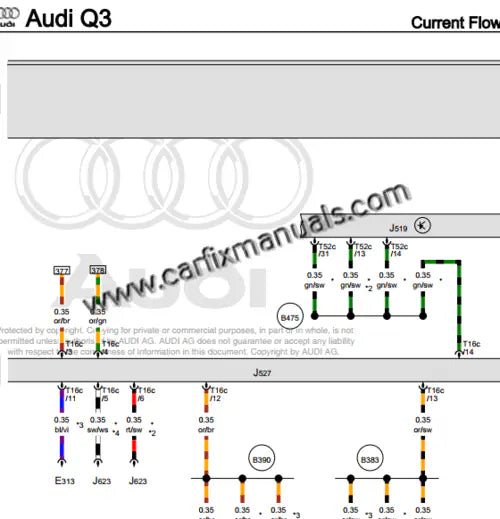 Comprehensive first-generation Q3 electrical architecture mapping for the Audi Q3 (2011-2018), providing high-definition wiring paths for the MMI Navigation Plus, parking aid sensors, and electronic climate control modules in PDF format.