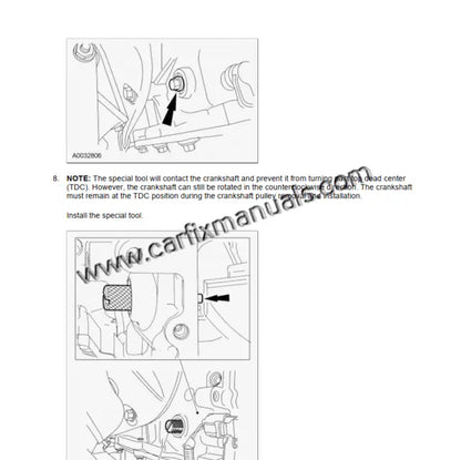 Specialized engine overhaul data for the 2008-2011 Ford Escape & Mercury Mariner, featuring timing specs for the 3.0L V6, 2.3L I4, and the Atkinson-cycle Hybrid powerplant in a searchable PDF format.