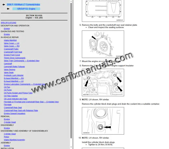 Advanced powertrain calibration data for the 2004-2006 Ford F-150 & Lincoln Mark LT, detailing 5.4L 3V Triton camshaft phaser service and 4.2L Essex V6 valvetrain tolerances in an interactive HTML format.