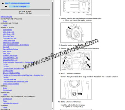 Advanced powertrain calibration data for the 2004-2006 Ford F-150 & Lincoln Mark LT, detailing 5.4L 3V Triton camshaft phaser service and 4.2L Essex V6 valvetrain tolerances in an interactive HTML format.