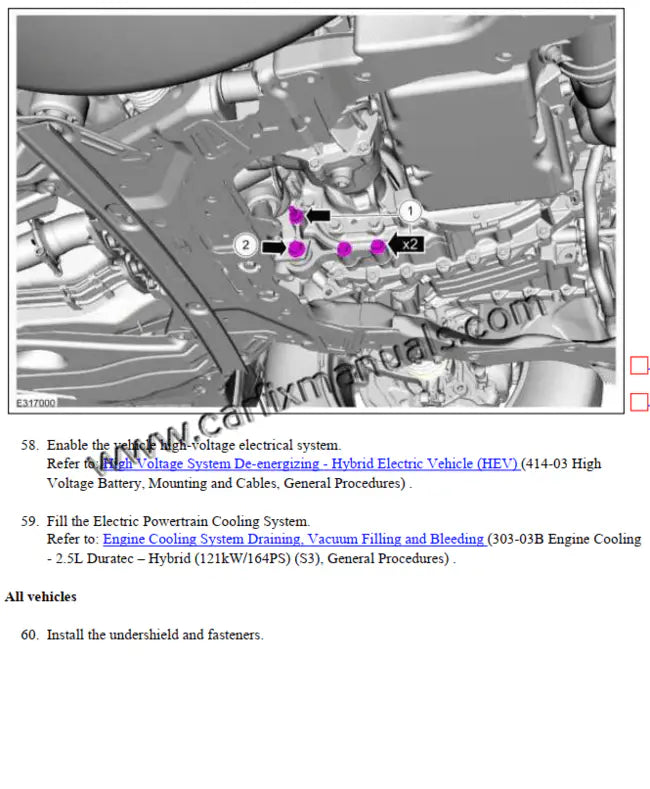 Factory service manual diagram for Ford Maverick engines, featuring detailed maintenance and assembly data for the 2.5L Hybrid (FHEV) and 2.0L EcoBoost turbocharged I-4.