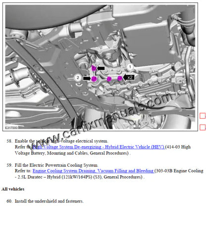 Factory service manual diagram for Ford Maverick engines, featuring detailed maintenance and assembly data for the 2.5L Hybrid (FHEV) and 2.0L EcoBoost turbocharged I-4.