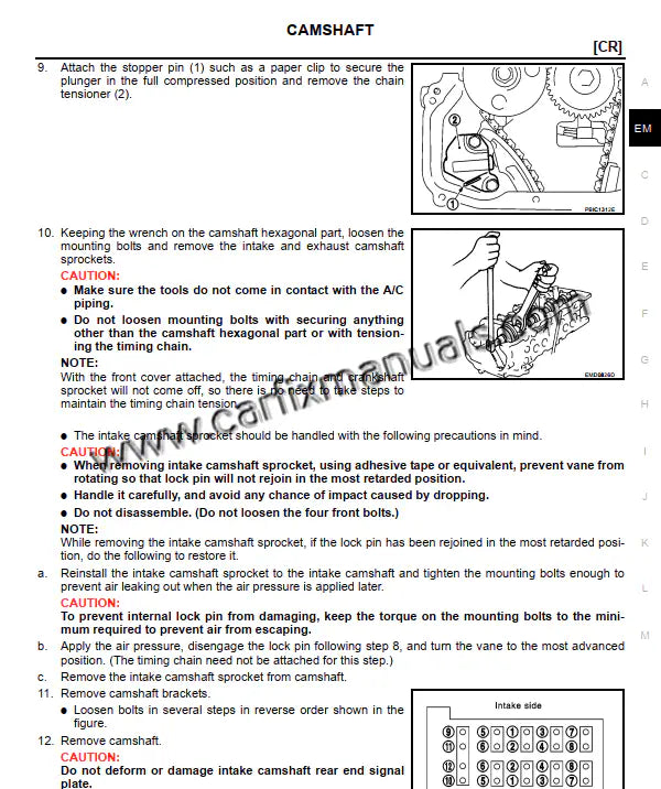 Technical engine overhaul specifications for the Nissan March K12 (2002-2009), detailing timing chain service and cylinder head assembly for CR12DE, CR14DE, and HR16DE gasoline engines in PDF format.