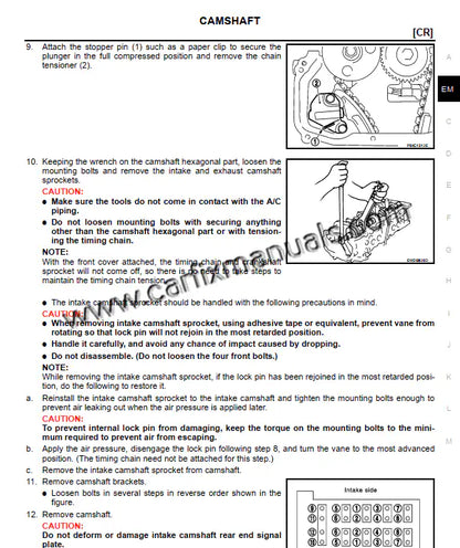 Technical engine overhaul specifications for the Nissan March K12 (2002-2009), detailing timing chain service and cylinder head assembly for CR12DE, CR14DE, and HR16DE gasoline engines in PDF format.