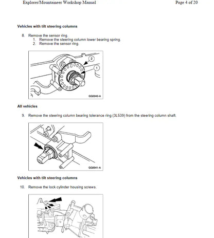 Comprehensive gearbox service blueprints for the Ford Explorer (1996-2001), documenting internal overhaul steps for the M5OD manual and the 4R70W/5R55E automatic transmissions in PDF format.