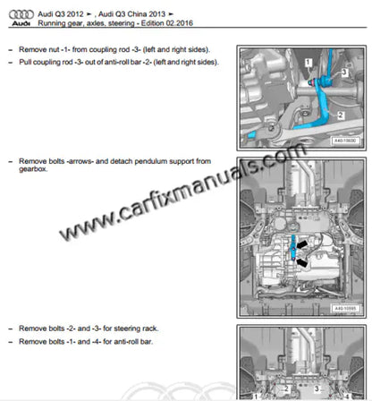 Professional-tier drivetrain blueprints for the Audi Q3 (2011-2018), documenting S tronic dual-clutch mechatronic unit recalibration and internal clutch service for the 6-speed manual and conventional automatic gearboxes in a searchable PDF format.