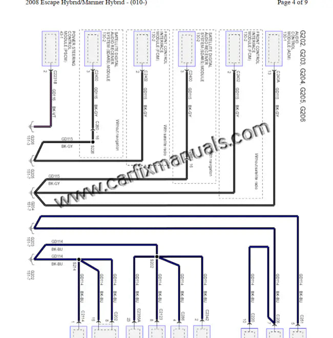 High-definition electrical architecture maps for the 2008-2011 Ford Escape & Mercury Mariner, providing original factory wiring for high-voltage battery packs, SYNC infotainment, and SRS modules in PDF format.