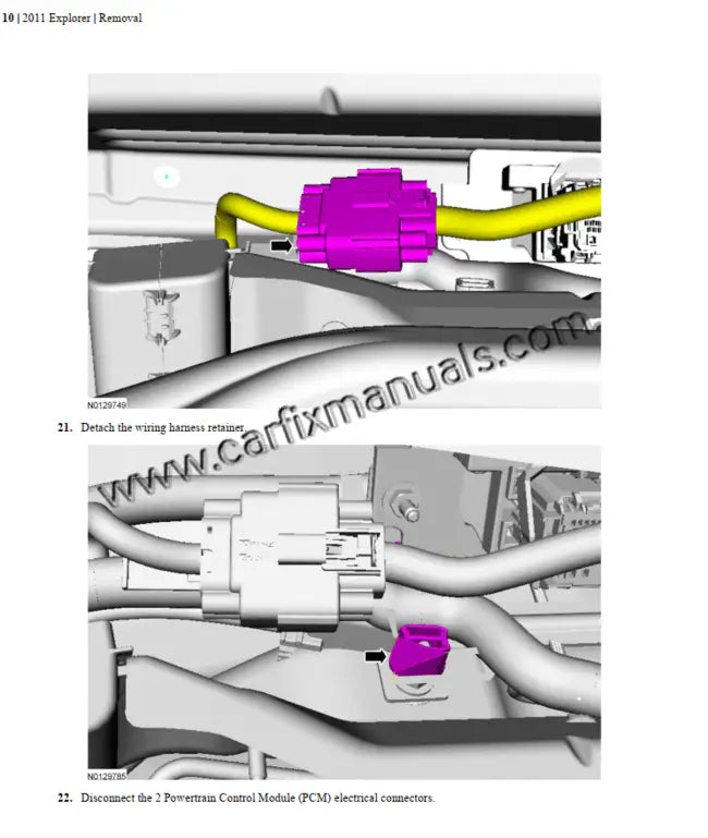Unibody chassis engineering guides for the Ford Explorer (2011-2015), illustrating Terrain Management System™ diagnostics, Power Transfer Unit (PTU) repairs, and electric steering calibration in a digital PDF format.