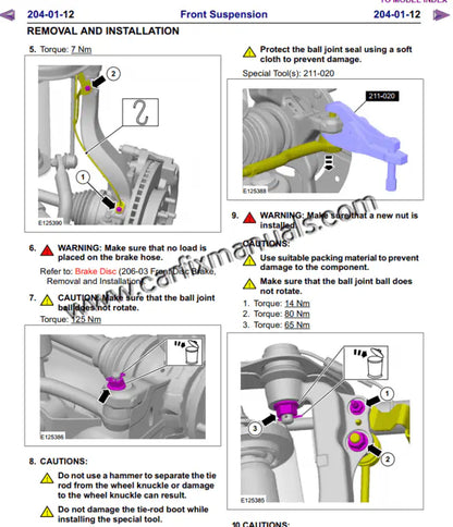 Structural service guide for the 2011-2015 Ranger chassis, illustrating hydraulic steering rack adjustments, leaf spring shackle torque specs, and vacuum-boosted brake system repairs.