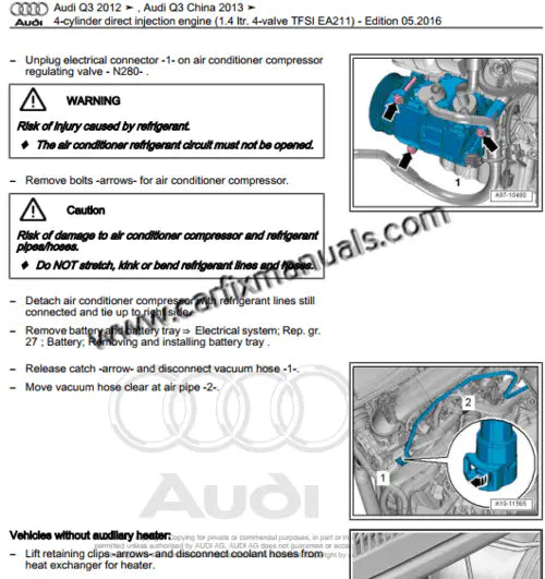 Typ 8U chassis and premium crossover engineering guides for the Audi Q3 (2011-2018), illustrating Haldex-generation Quattro maintenance, electro-mechanical steering adjustments, and ABS hydraulic system troubleshooting in PDF format.