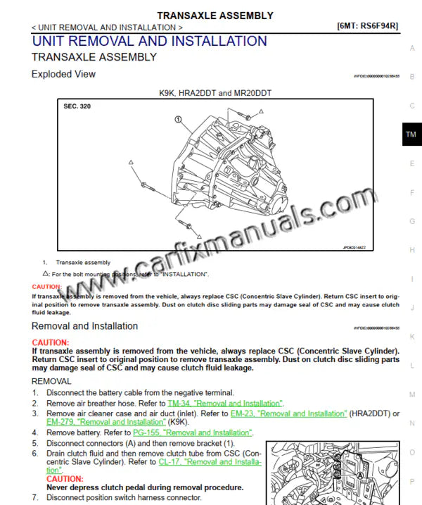 Transmission diagnostic blueprint for the Nissan Qashqai J11 (2014-2018), detailing electronic control logic for the RE0F10D Xtronic CVT and clutch service for 6-speed manual gearboxes in PDF format.