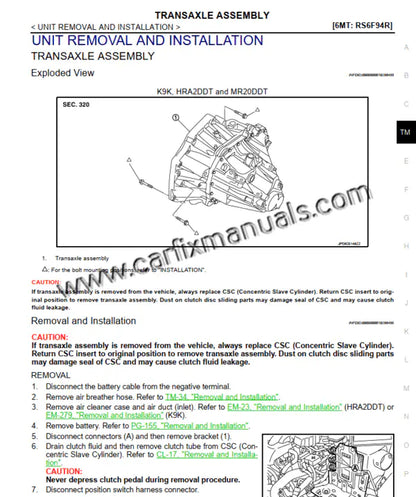 Transmission diagnostic blueprint for the Nissan Qashqai J11 (2014-2018), detailing electronic control logic for the RE0F10D Xtronic CVT and clutch service for 6-speed manual gearboxes in PDF format.