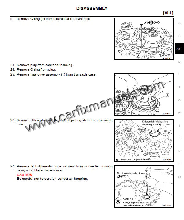 Professional gearbox service guide for the Nissan March K12 (2002-2009), featuring internal component teardowns and fluid maintenance for both 5-speed manual and 4-speed automatic transmissions in a digital PDF format.