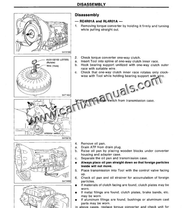 Heavy-duty gearbox overhaul blueprints for the Nissan Pathfinder D21 (1994-1995), documenting internal component clearances for the 5-speed manual and 4-speed overdrive automatic transmissions in PDF format.