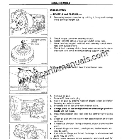 Heavy-duty gearbox overhaul blueprints for the Nissan Pathfinder D21 (1994-1995), documenting internal component clearances for the 5-speed manual and 4-speed overdrive automatic transmissions in PDF format.