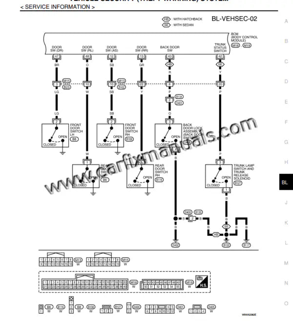 High-resolution electrical wiring maps for the Nissan Versa C11, including engine control module pinouts, lighting circuits, and body control module (BCM) schematics for Hatchback and Sedan.