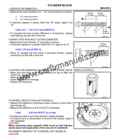 Specialized engine service blueprints for the 2010-2012 Sentra, detailing cooling system flow, fuel rail pressure specs, and internal component tolerances for the MR20DE and QR25DE engines.