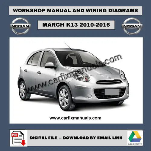 Complete vehicle-wide workshop library for the Nissan March K13 (2010-2016), covering air conditioning cycles, body panel removal, and full electronic troubleshooting in a versatile PDF format.