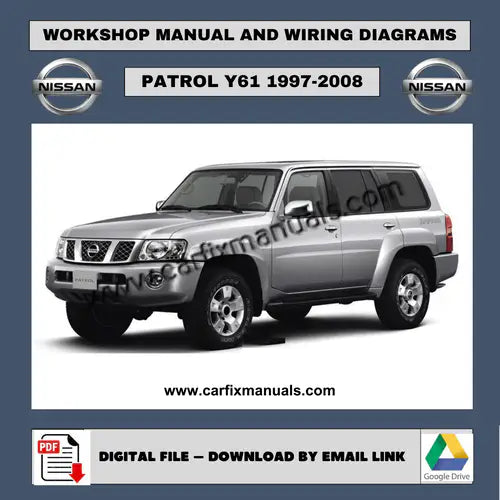 Massive pages off-road workshop encyclopedia for the Nissan Patrol GR Y61 (1997-2008), providing unedited technical data for body shell structural repairs, winch-ready bumper fitment, and total vehicle diagnostics in PDF format.