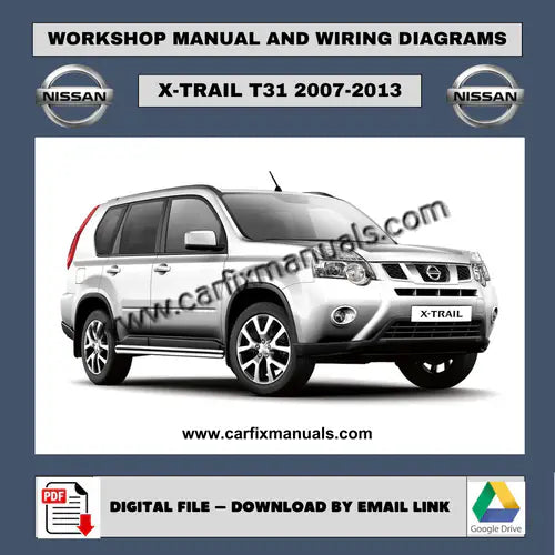 Complete factory service suite for the Nissan X-Trail (2007-2013), providing an all-in-one digital reference for routine maintenance, body repairs, and general electrical troubleshooting.