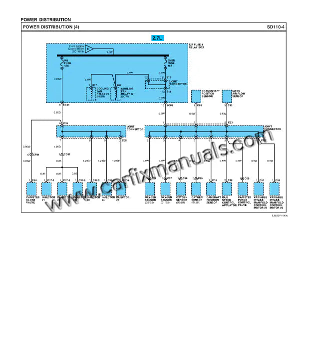 High-resolution electrical circuit maps for Hyundai Tucson (2004-2009), including ECU pinouts, fuse box locations, and lighting system wiring diagrams.