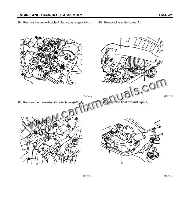 Technical service guide for Hyundai Tucson JM engines, showing detailed repair procedures for 2.0L 4-cylinder, 2.7L V6 petrol, and 2.0L CRDi diesel powerplants.