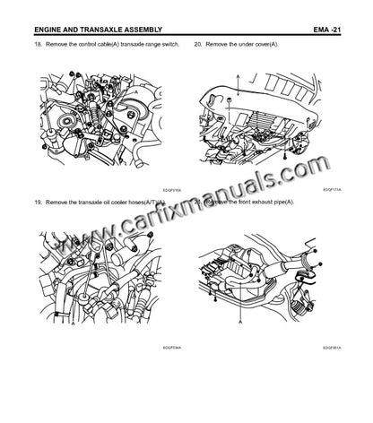 Technical service guide for Hyundai Tucson JM engines, showing detailed repair procedures for 2.0L 4-cylinder, 2.7L V6 petrol, and 2.0L CRDi diesel powerplants.