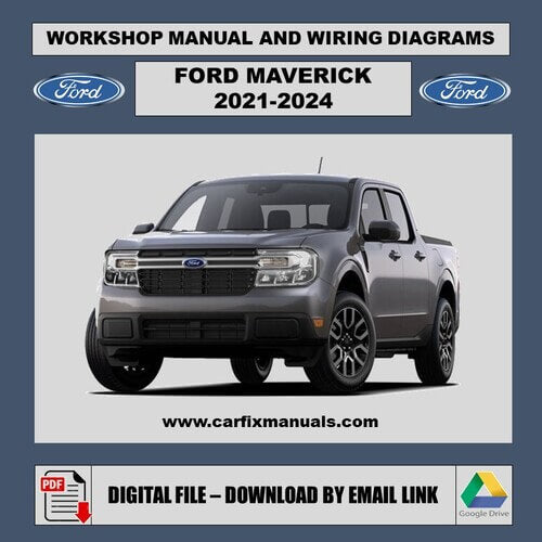 Digital cover of the 2021-2024 Ford Maverick Official Workshop Suite, a searchable PDF guide covering the FLEXBED system, SYNC 3 electronics, and high-voltage battery safety.