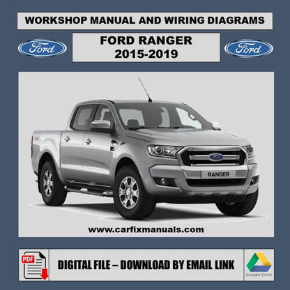 Digital cover of the Official Factory Repair Suite for the 2015-2019 Ford Ranger PX MK2, a searchable PDF containing facelift-specific body, mechanical, and electrical data.