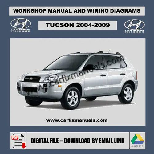 Digital PDF cover for the Hyundai Tucson JM (2004-2009) Full Factory Service Manual, a comprehensive guide for professional mechanics and DIY maintenance.