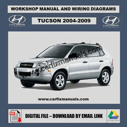 Digital PDF cover for the Hyundai Tucson JM (2004-2009) Full Factory Service Manual, a comprehensive guide for professional mechanics and DIY maintenance.